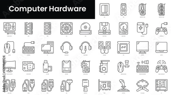 Fototapeta Set of outline computer hardware icons. Minimalist thin linear web icon set. vector illustration.