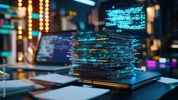 Fototapeta Exploring the future of document management ai algorithms analyzing stacks of digital files for enhanced efficiency and insight