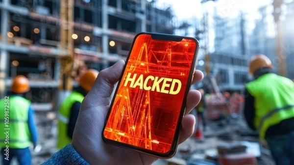 Fototapeta Smartphone shows hacked message amid construction site chaos and workers' concerns