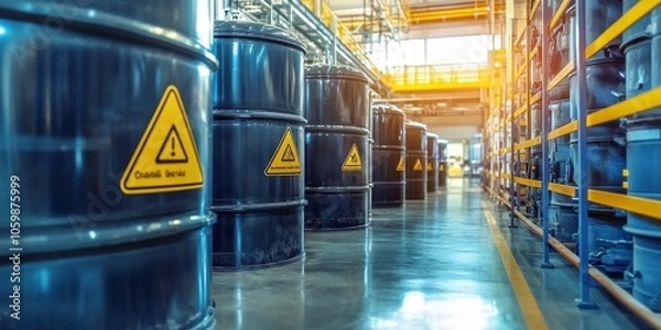Fototapeta Industrial-grade chemicals in large storage tanks, labeled with safety warnings, in a factory setting