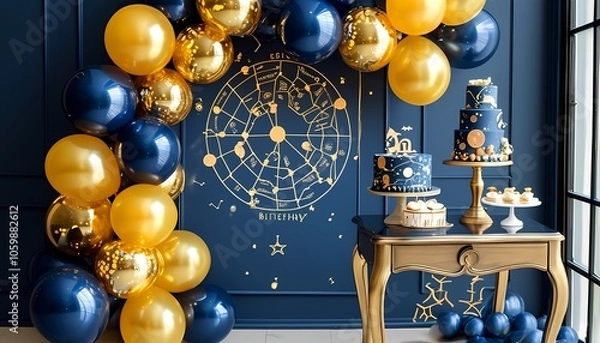 Obraz Stunning astrological birthday celebration with elegant decorations and celestial themes featuring festive balloons and a beautifully themed cake displayed in a luxurious setting