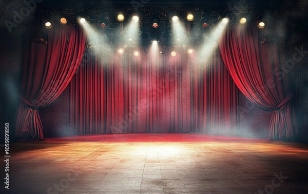 Fototapeta Theater stage with red curtains and spotlights. Theatrical scene in the light background