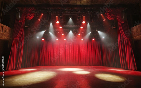 Fototapeta Theater stage with red curtains and spotlights. Theatrical scene in the light background