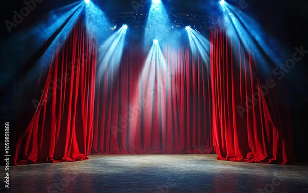 Fototapeta Theater stage with red curtains and spotlights. Theatrical scene in the light background