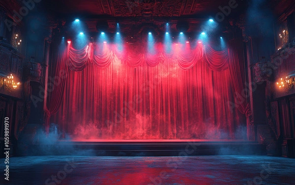 Fototapeta Theater stage with red curtains and spotlights. Theatrical scene in the light background