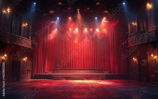 Fototapeta Theater stage with red curtains and spotlights. Theatrical scene in the light background