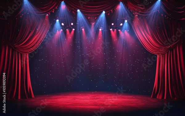 Fototapeta Theater stage with red curtains and spotlights. Theatrical scene in the light background