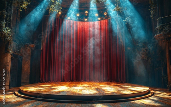 Fototapeta Theater stage with red curtains and spotlights. Theatrical scene in the light background