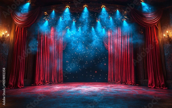 Fototapeta Theater stage with red curtains and spotlights. Theatrical scene in the light background