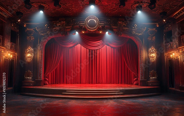 Fototapeta Theater stage with red curtains and spotlights. Theatrical scene in the light background