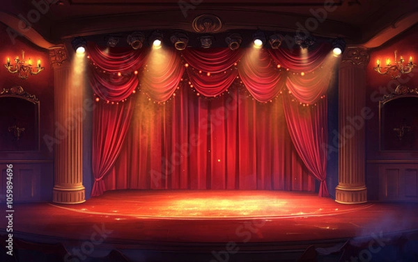 Fototapeta Theater stage with red curtains and spotlights. Theatrical scene in the light background