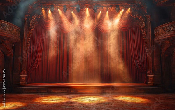 Fototapeta Theater stage with red curtains and spotlights. Theatrical scene in the light background