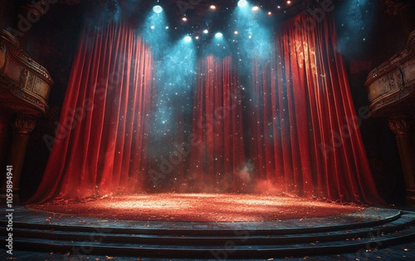 Fototapeta Theater stage with red curtains and spotlights. Theatrical scene in the light background