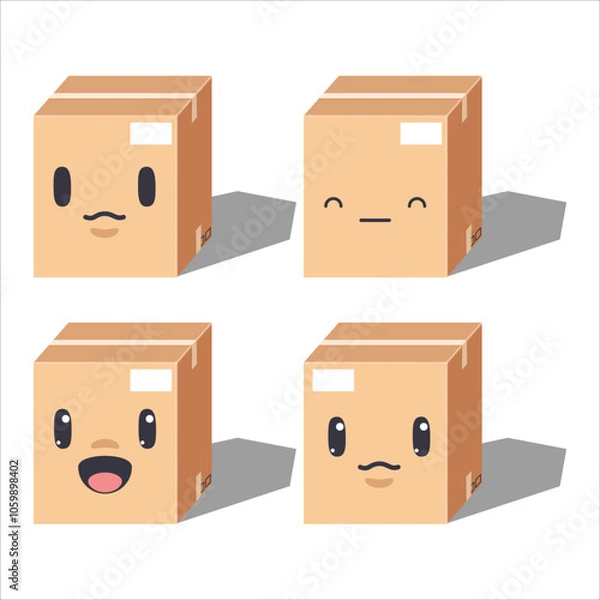 Obraz Cute cartoon Four cardboard boxes with different facial expressions.