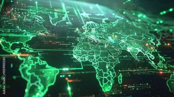 Fototapeta Technology world map on electronic screen Global network security system