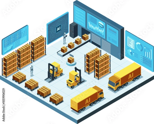 Fototapeta Isometric AI-Powered Logistics Hub with Automated Vehicles