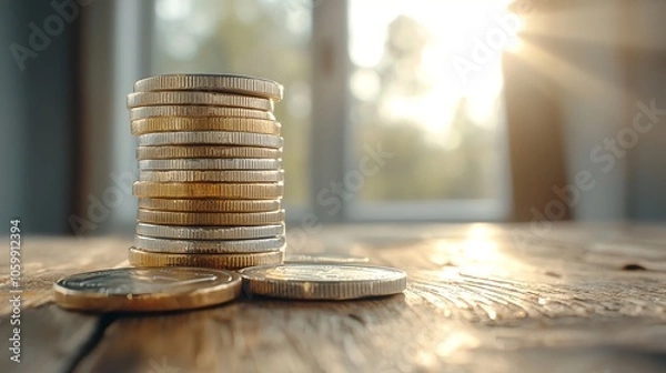 Fototapeta Minimalist stack of coins in sunlight and shadow, representing dual perspectives on price and cost
