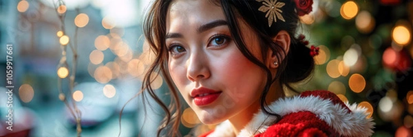 Obraz Close-Up of Woman in Red Santa Coat with Holiday Decor