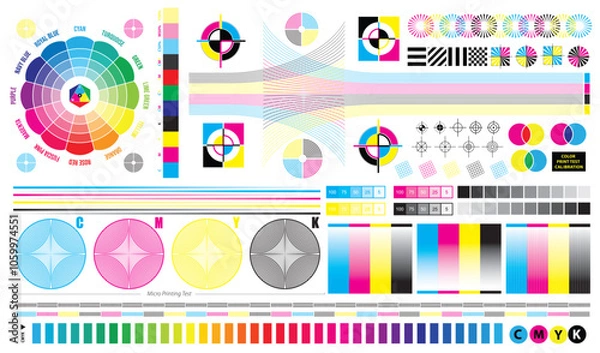 Obraz Set illustration of CMYK Print Test Calibration Chart for CTP Printing, with micro printing test. 