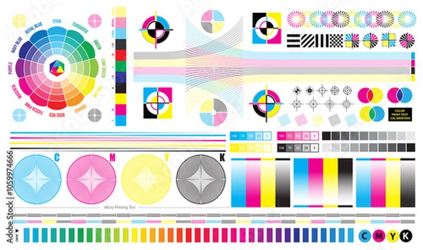Fototapeta Set illustration of CMYK Print Test Calibration Chart for CTP Printing, with micro printing test. 