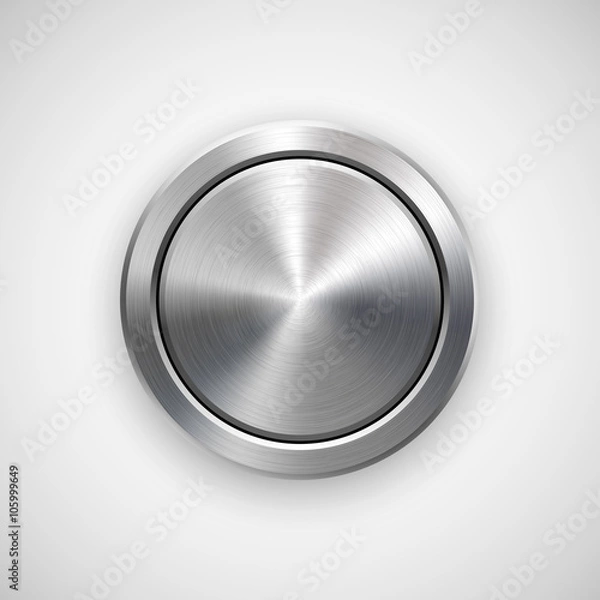 Obraz Geometryczna odznaka abstrakcyjnego koła, perforowany szablon przycisku z metalową teksturą, chromem, srebrem, stalą i realistycznym cieniem na logo, koncepcje projektowe, interfejsy, aplikacje. Ilustracji wektorowych.
