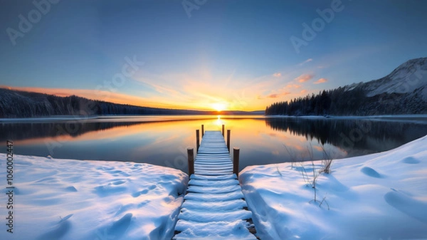 Fototapeta Scenic winter landscape of calm lake with wooden pier covered with snow and coniferous forest reflected in water in sunset time Nature photography, HD photography, Beautiful landscape