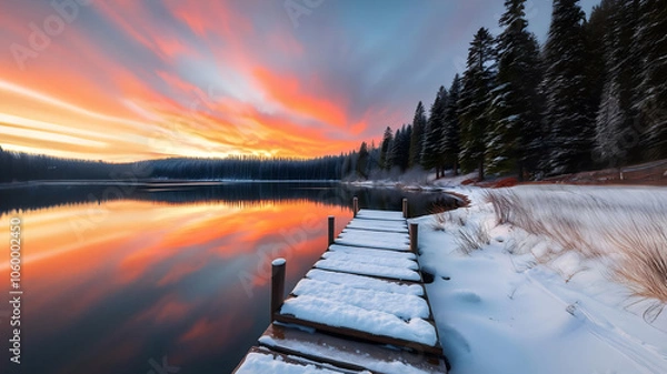 Fototapeta Scenic winter landscape of calm lake with wooden pier covered with snow and coniferous forest reflected in water in sunset time Nature photography, HD photography, Beautiful landscape