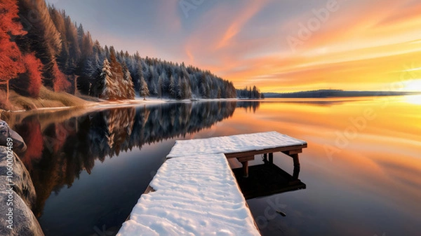 Fototapeta Scenic winter landscape of calm lake with wooden pier covered with snow and coniferous forest reflected in water in sunset time Nature photography, HD photography, Beautiful landscape