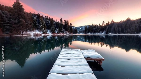 Fototapeta Scenic winter landscape of calm lake with wooden pier covered with snow and coniferous forest reflected in water in sunset time Nature photography, HD photography, Beautiful landscape