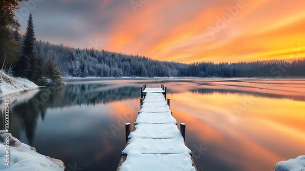 Fototapeta Scenic winter landscape of calm lake with wooden pier covered with snow and coniferous forest reflected in water in sunset time Nature photography, HD photography, Beautiful landscape
