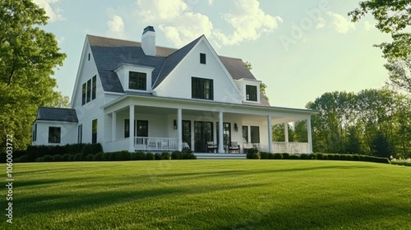 Obraz A charming house nestled on a hill surrounded by lush grass and a vibrant garden, showcasing beautiful architecture in a serene suburban neighborhood.
