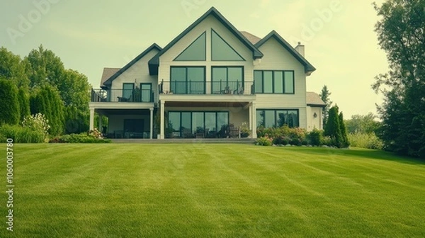 Obraz A modern suburban house with a manicured lawn, large porch, and expansive windows.