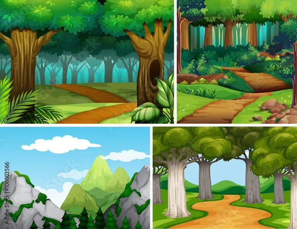 Fototapeta Four nature scenes with forest and mountain