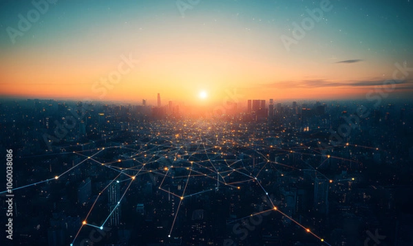 Fototapeta A network of information and light dots looms over the city, background, wallpaper