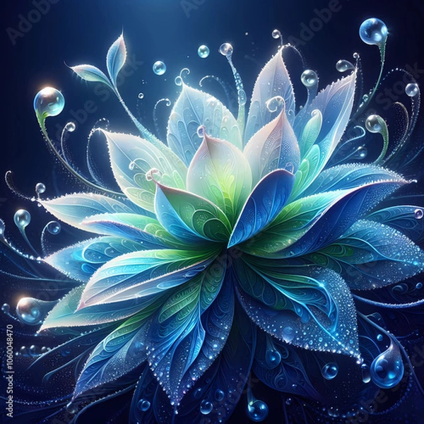 Obraz close-up illustration of a fantastical flower, with translucent petals in shades of blue and green, adorned with glistening dewdrops that capture and reflect light. 