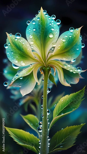Obraz close-up illustration of a fantastical flower, with translucent petals in shades of blue and green, adorned with glistening dewdrops that capture and reflect light. 