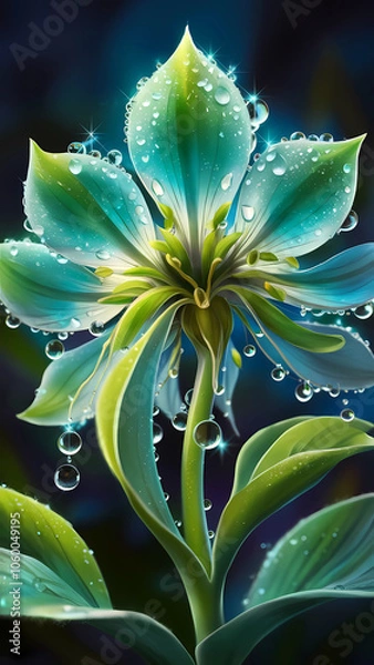 Obraz close-up illustration of a fantastical flower, with translucent petals in shades of blue and green, adorned with glistening dewdrops that capture and reflect light. 