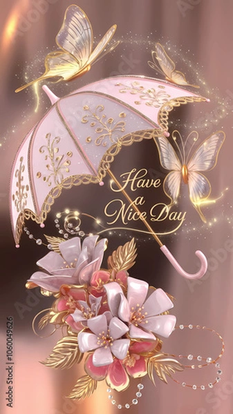 Obraz A 3D render of a whimsical, ornate decorative umbrella. The umbrella is predominantly light glitter pink and gold