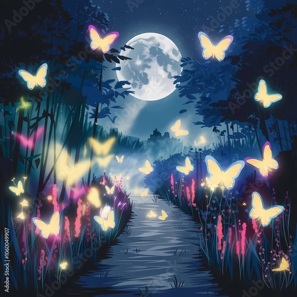 Fototapeta A Flirty illustration style image of a moonlit path surrounded by a mystical atmosphere. 