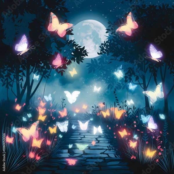 Obraz A Flirty illustration style image of a moonlit path surrounded by a mystical atmosphere. 