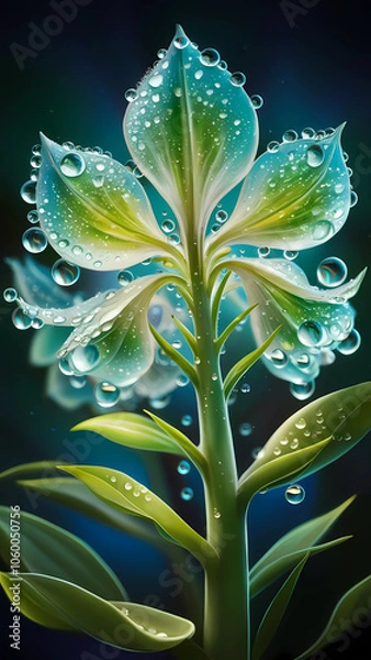 Fototapeta close-up illustration of a fantastical flower, with translucent petals in shades of blue and green, adorned with glistening dewdrops that capture and reflect light. 