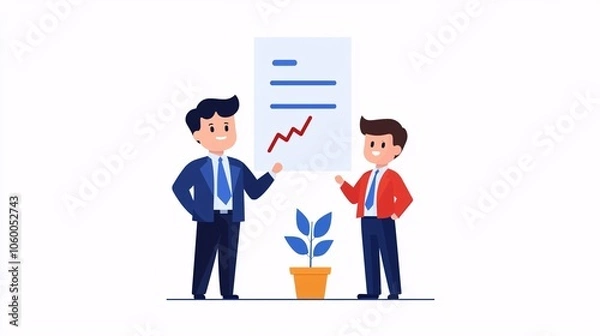 Fototapeta Two business professionals discussing growth, with a chart and a plant representing progress and development.
