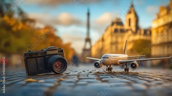 Fototapeta A Camera and Plane Ready for a Parisian Adventure