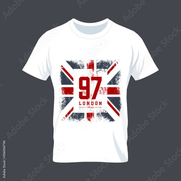 Fototapeta Vintage United Kingdom flag tee print vector design. Premium quality Great Britain superior number logo concept. London t-shirt wear mock up.