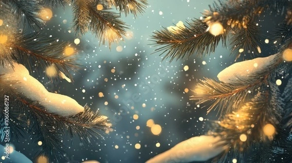 Fototapeta Holiday background with snow-covered pine branches and sparkling lights