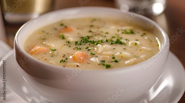 Fototapeta Bowl of soup with a white bowl and a white plate. The soup is full of vegetables and has a creamy texture
