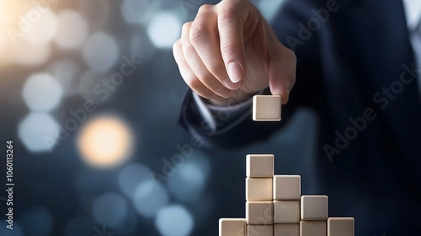 Fototapeta Business professional strategically places wooden block to build a strong foundation for success