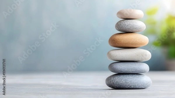 Fototapeta Balancing serenity a stack of smooth stones represents tranquility and inner peace in nature's embrace