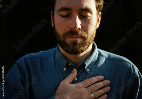 Fototapeta Peaceful man meditating in nature with hand on heart in tranquil setting