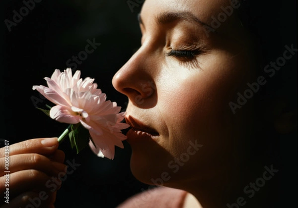 Fototapeta Serene woman enjoying the scent of a pink flower in soft light